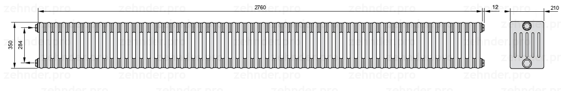 Схема (чертеж) Радиатор Zehnder Charleston 6035/60 №1270 Белый глянцевый RAL 9016